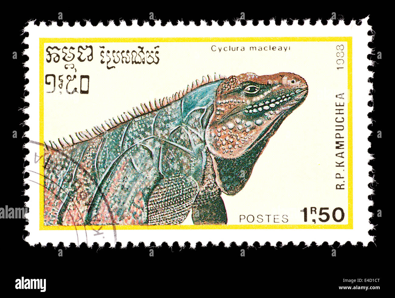 Postage stamp from Cambodia (Kampuchea) depicting Grand Cayman blue iguana (Cyclura macleayi) Stock Photo