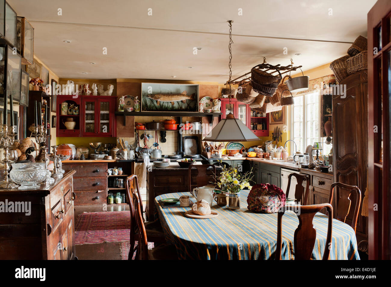 Charming country kitchen stuffed with antiques. Glass taxidermy cases line the walls and wicker baskets hang from the ceiling Stock Photo