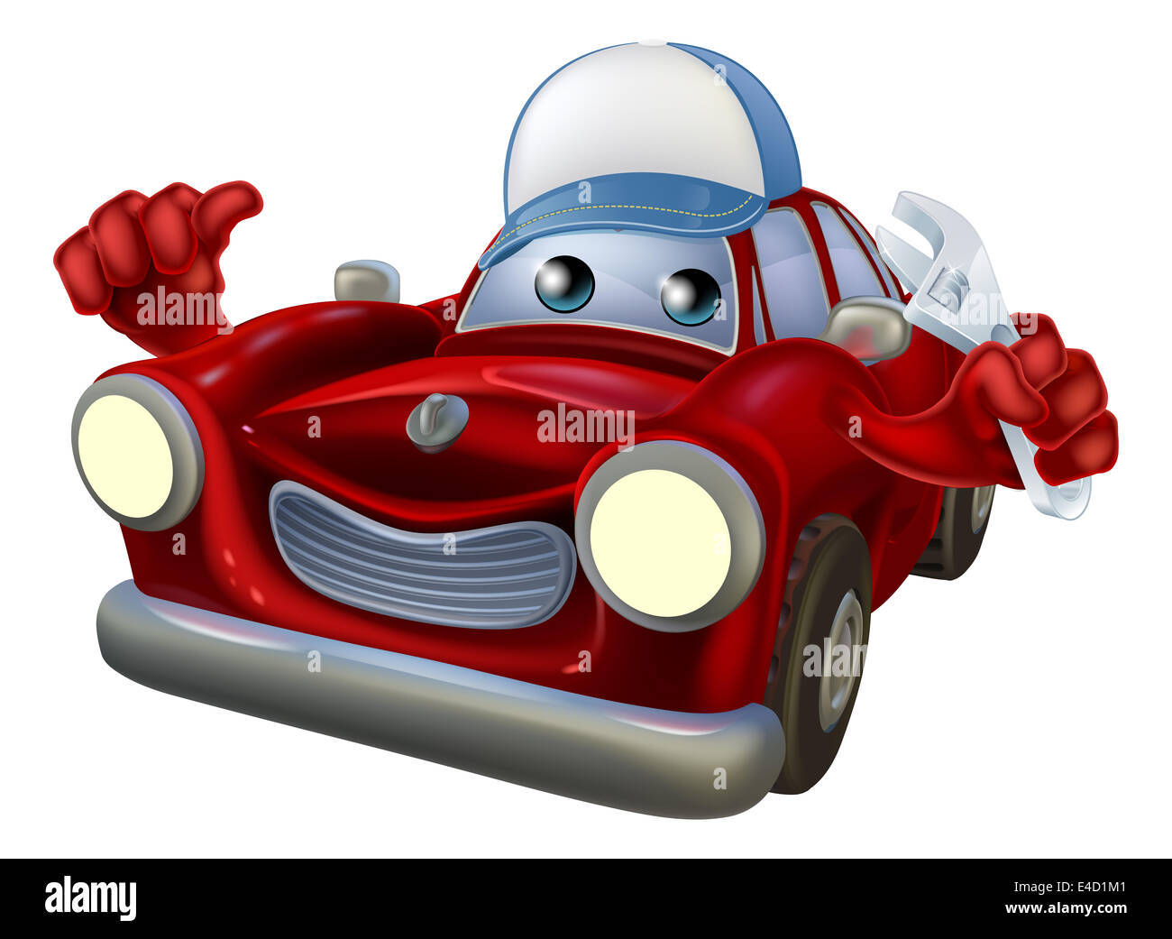 An illustration of a red cartoon car character wearing a cap and holding a spanner while giving a thumbs up. Stock Photo