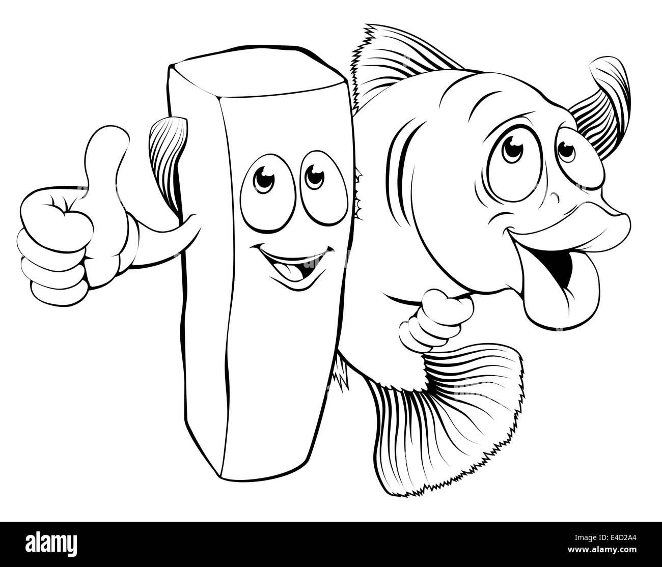 An illustration of fish and chips mascot characters arm in arm giving thumbs up Stock Photo