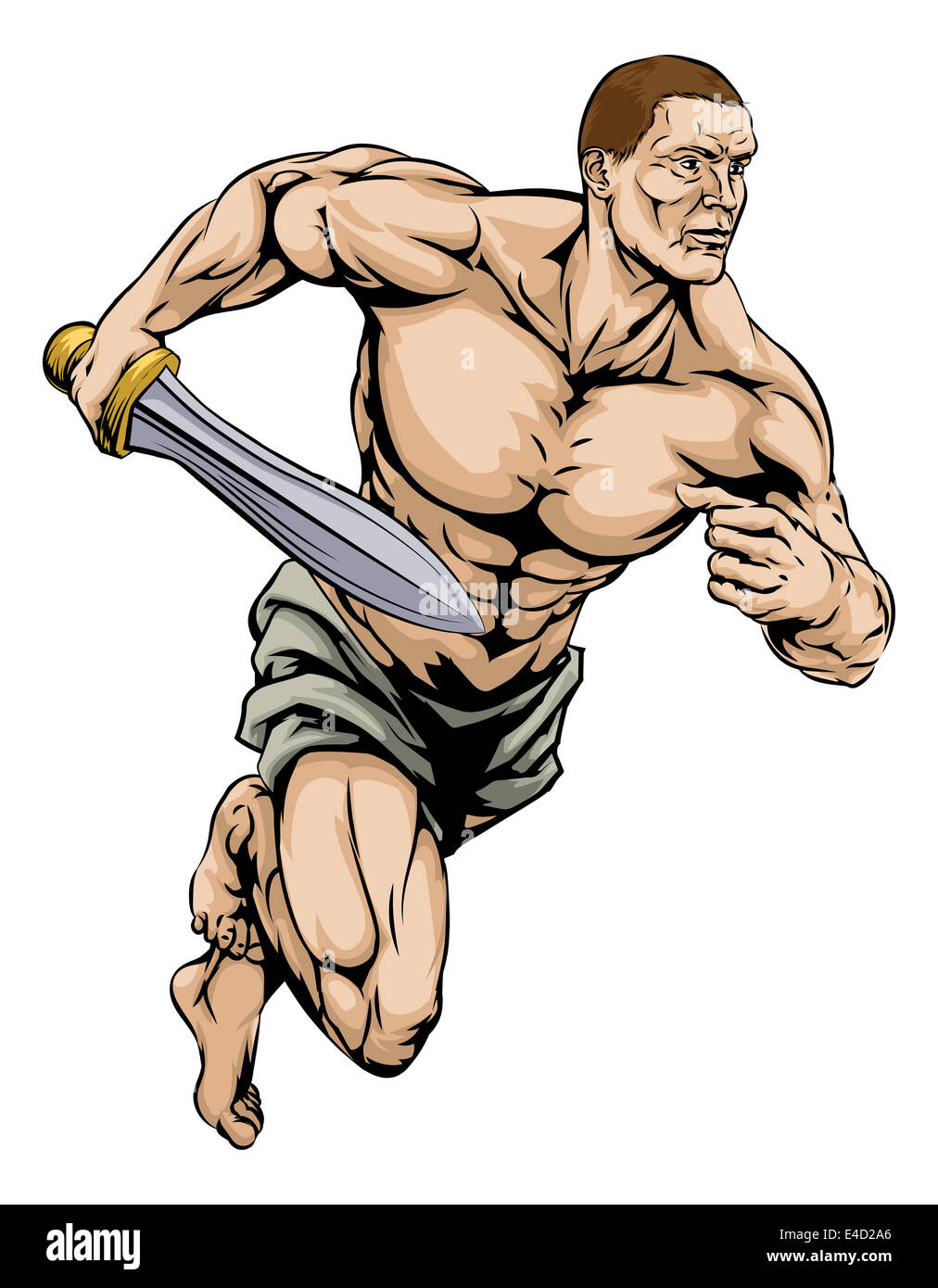An illustration of a warrior or gladiator man character or sports mascot holding a sword Stock Photo