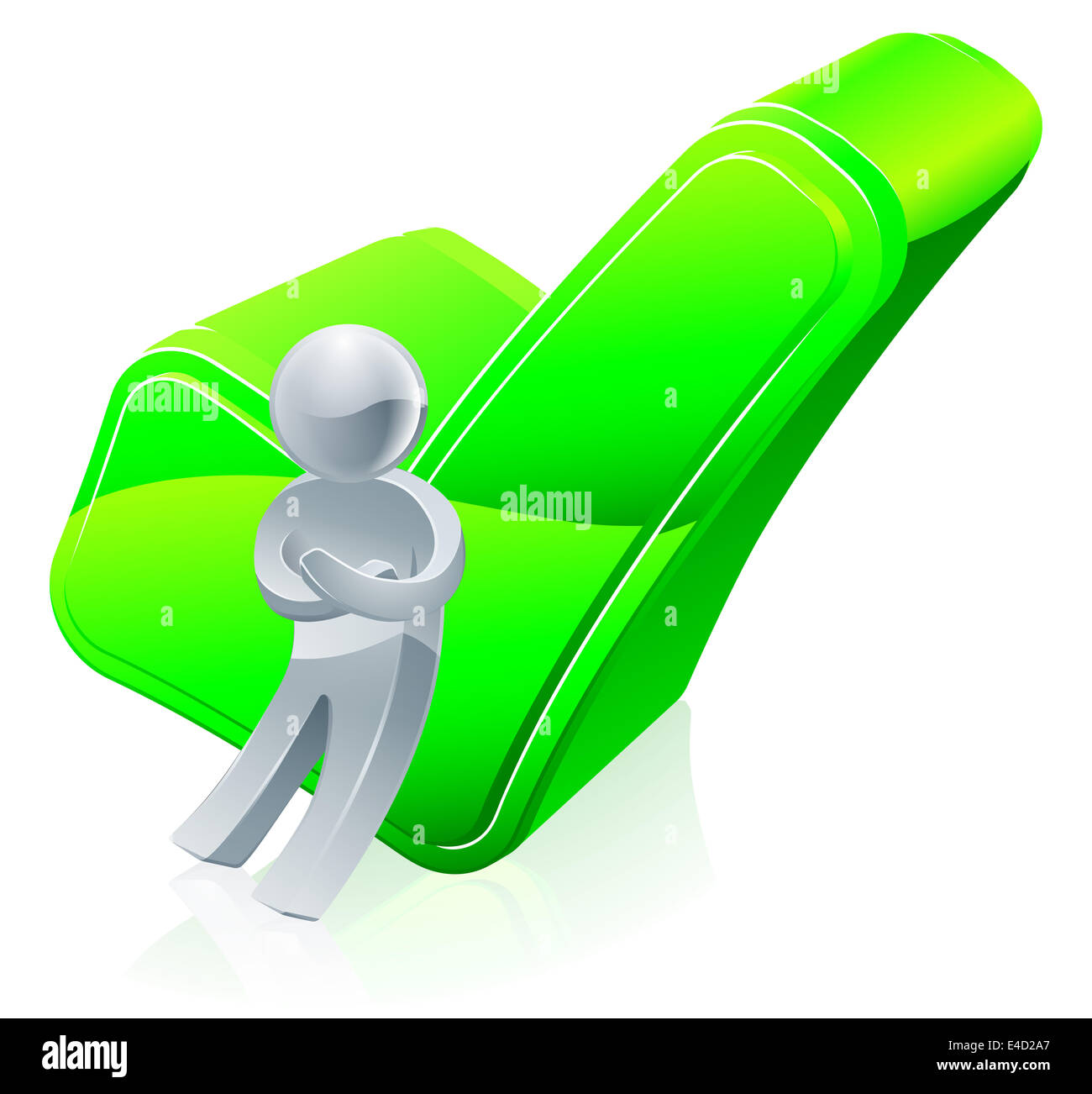 Tick silver person illustration of a silver mascot figure leaning on a big green tick icon Stock Photo