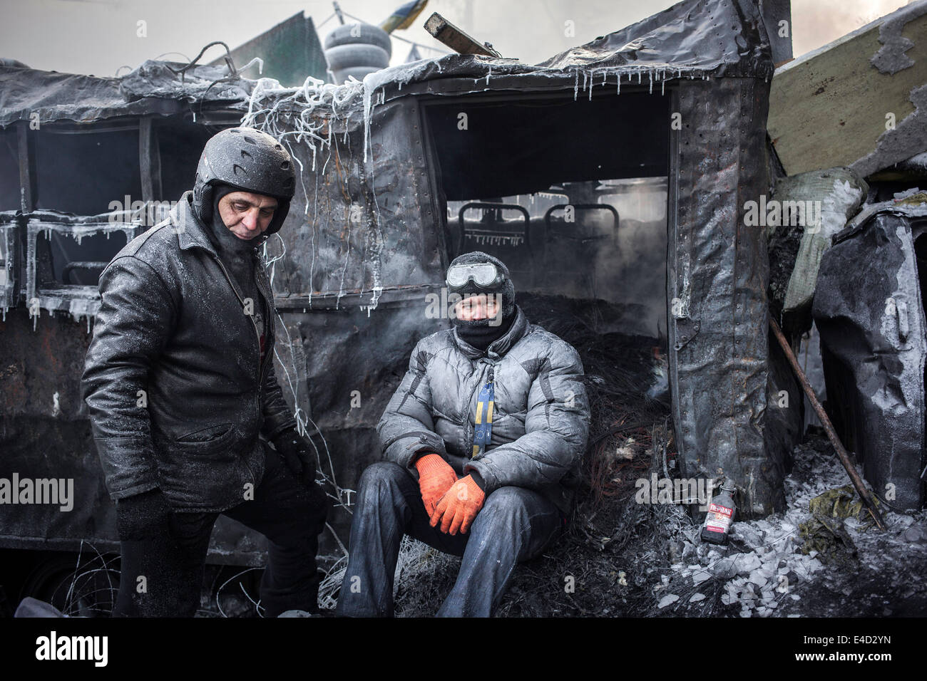 Barricades, battle on Hrushevskoho Street, Euromaidan, Kiev, Ukraine Stock Photo