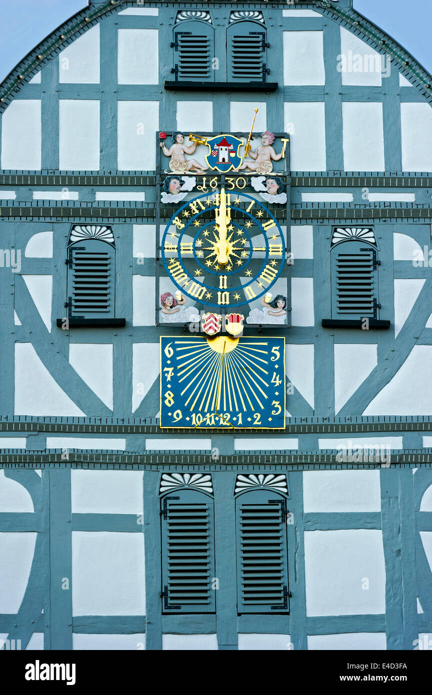 Musical clock with sundial, Old Town Hall, Butzbach, Hesse, Germany Stock Photo