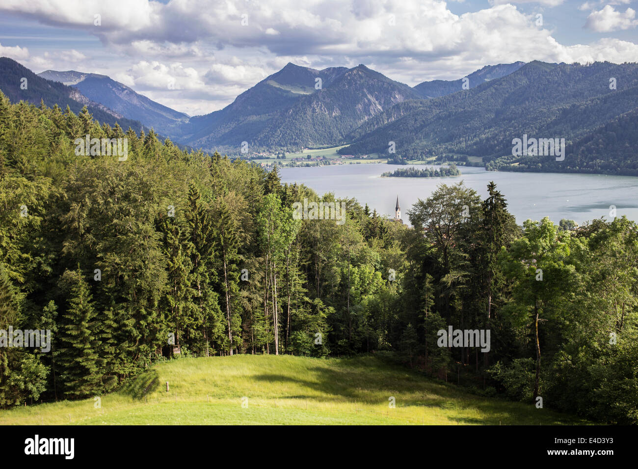 View of Schliersee in the summer, from Schliersberg, Upper Bavaria, Upper Bavaria, Bavaria, Germany Stock Photo