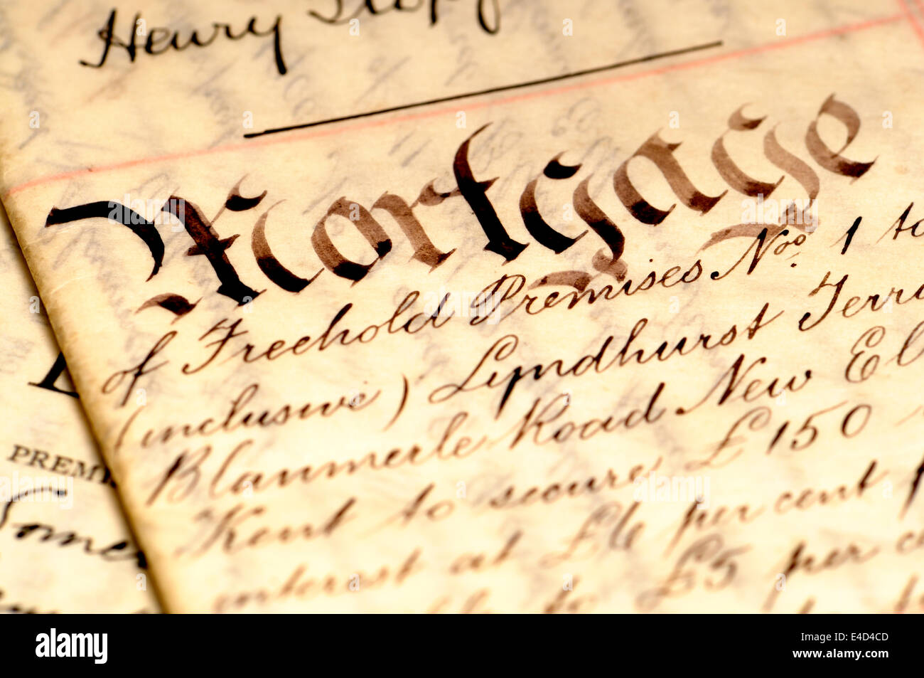 Old handwritten Mortgage document written on Vellum (1900 Stock Photo