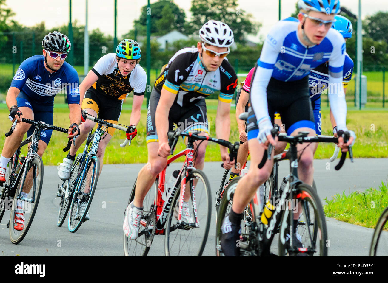 Cyclists racing in criterium event on dedicated cycle circuit at York Sport Village York Yorkshire Stock Photo