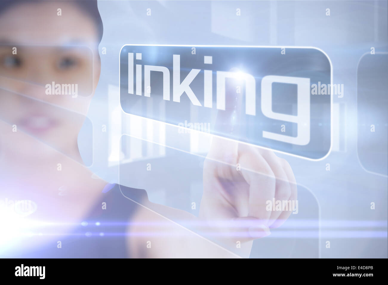 Businesswoman pointing to word linking Stock Photo - Alamy