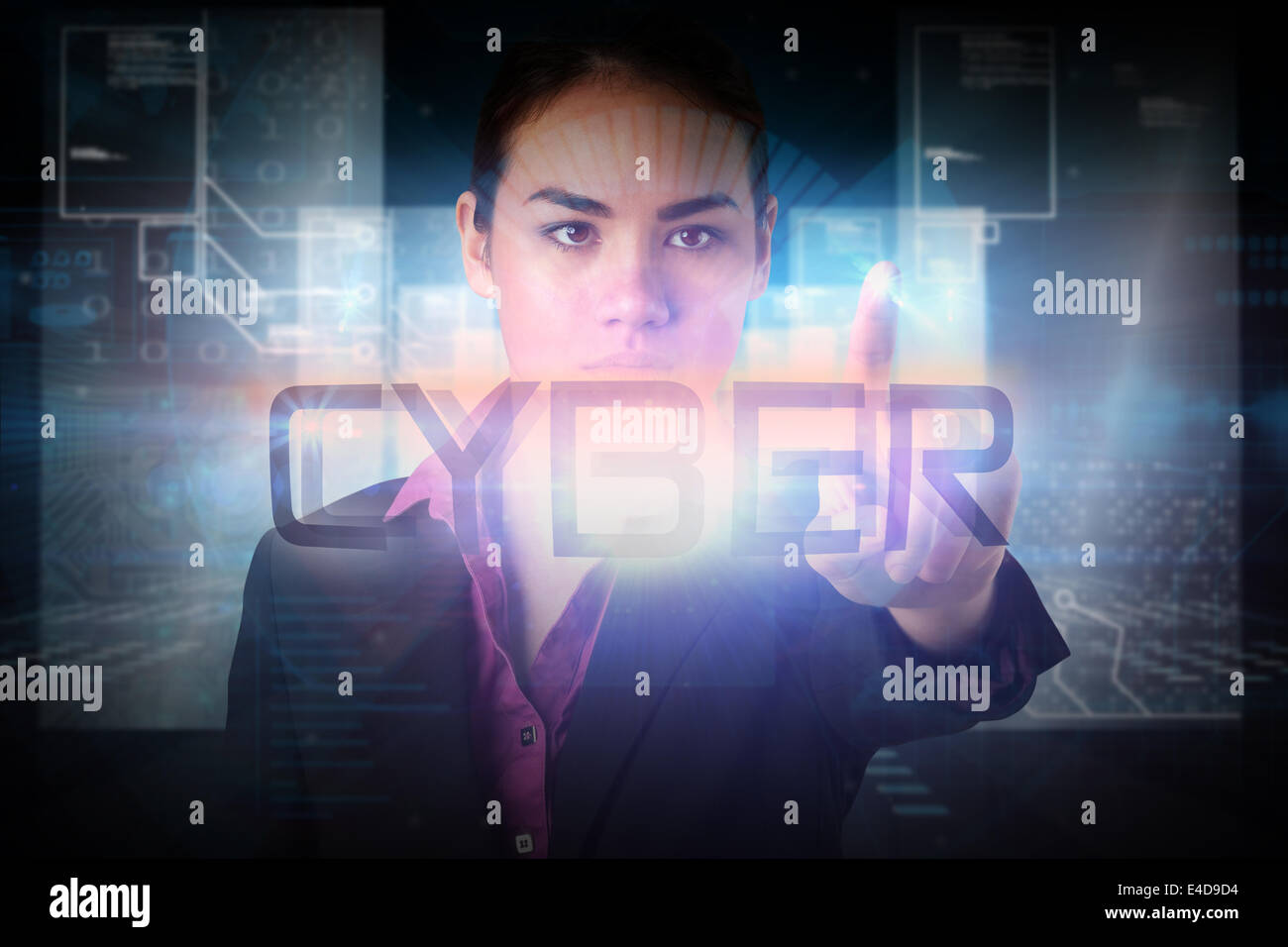 Businesswoman pointing to the word cyber Stock Photo