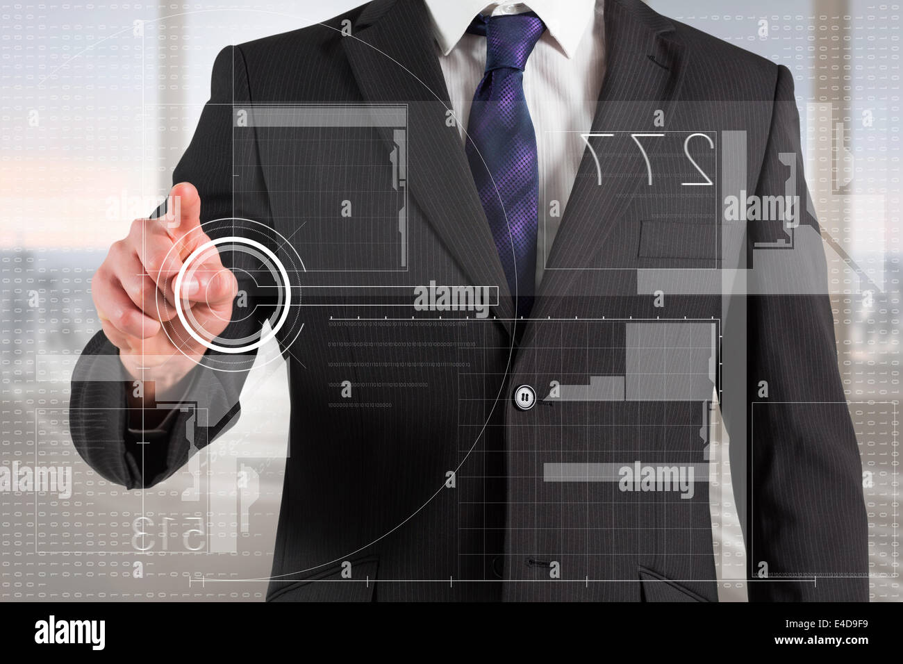 Composite image of businessman in suit pointing finger to interface Stock Photo