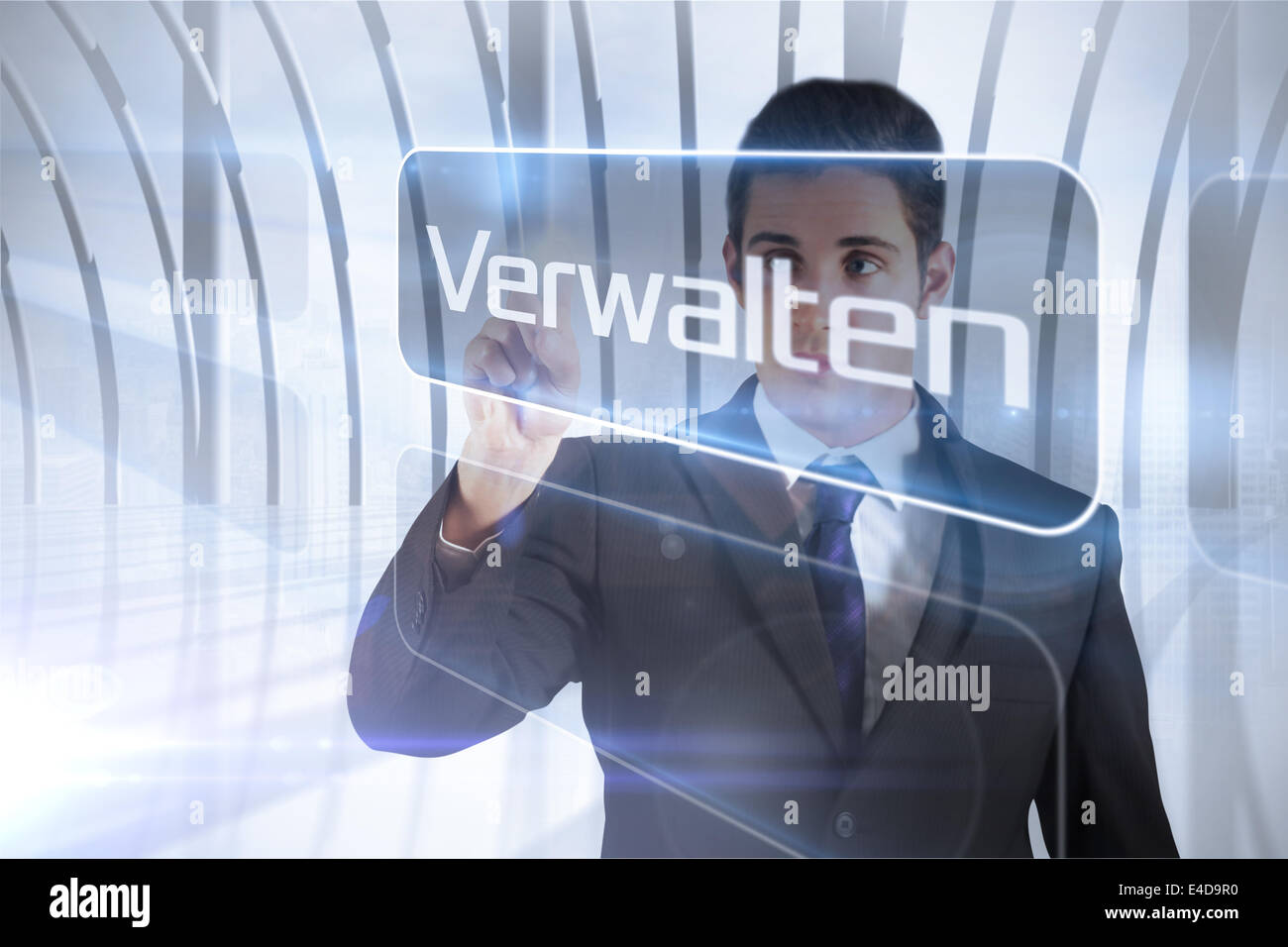 Businessman presenting the word manage in german Stock Photo