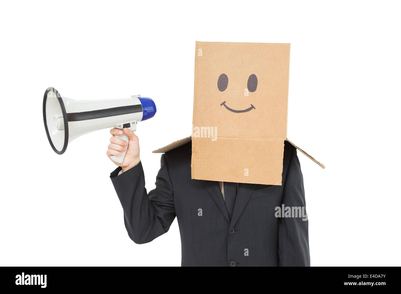 Businessman with box on head holding megaphone Stock Photo Alamy