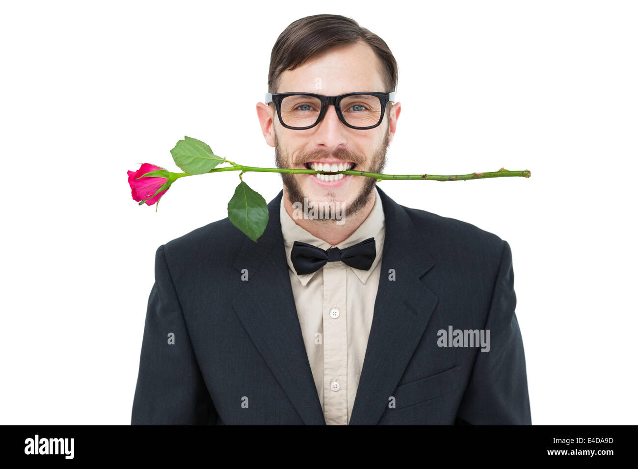 Geeky hipster holding rose between teeth Stock Photo - Alamy
