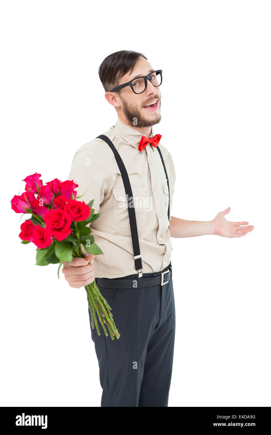 Geeky hipster offering bunch of roses Stock Photo - Alamy