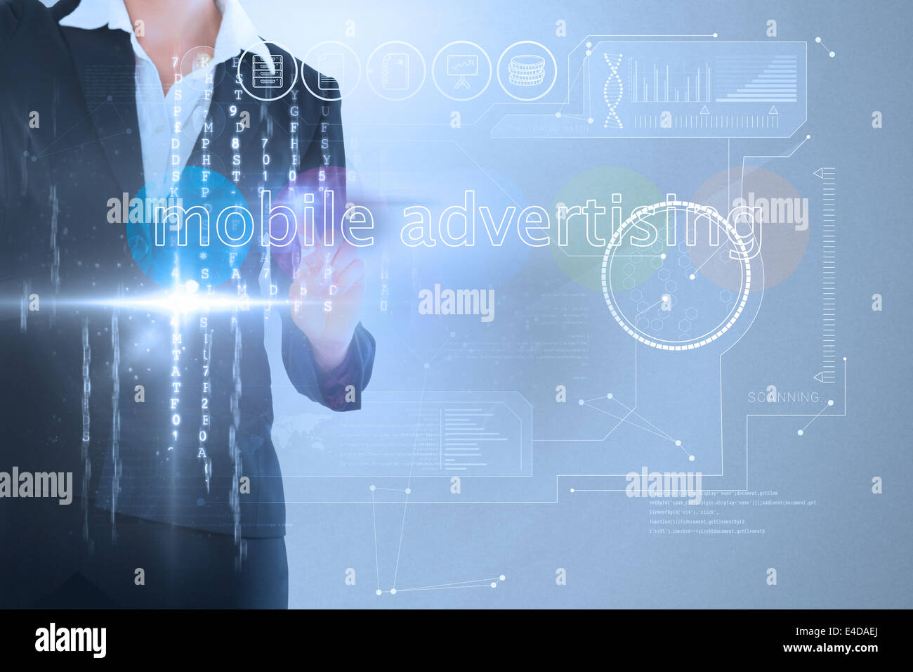 Businesswoman touching the words mobile advertising on interface Stock Photo