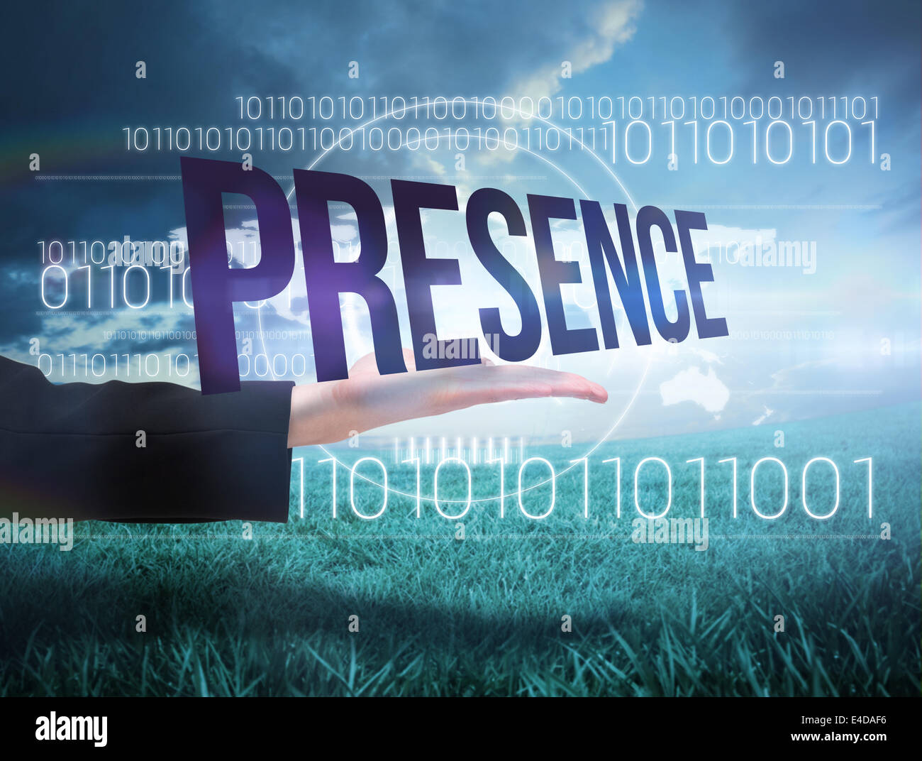 Businesswomans hand presenting the word presence Stock Photo