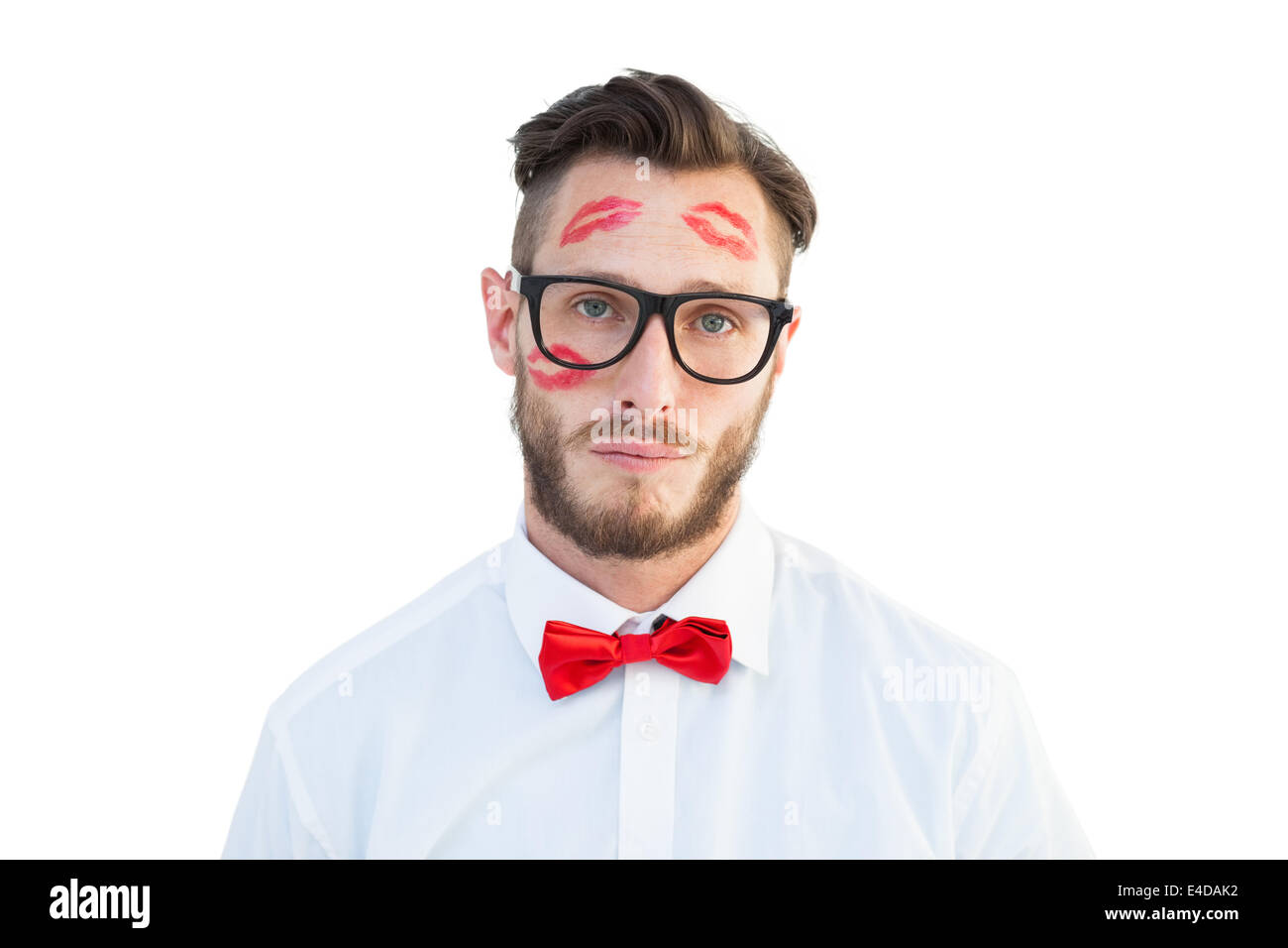 Geeky hipster with kisses on his face Stock Photo