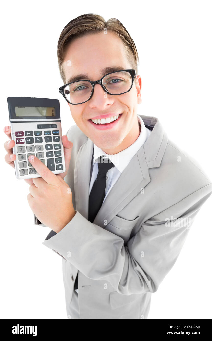 Geeky smiling businessman showing calculator Stock Photo - Alamy