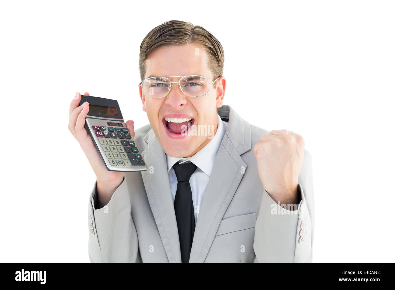 Geeky smiling businessman holding calculator Stock Photo - Alamy