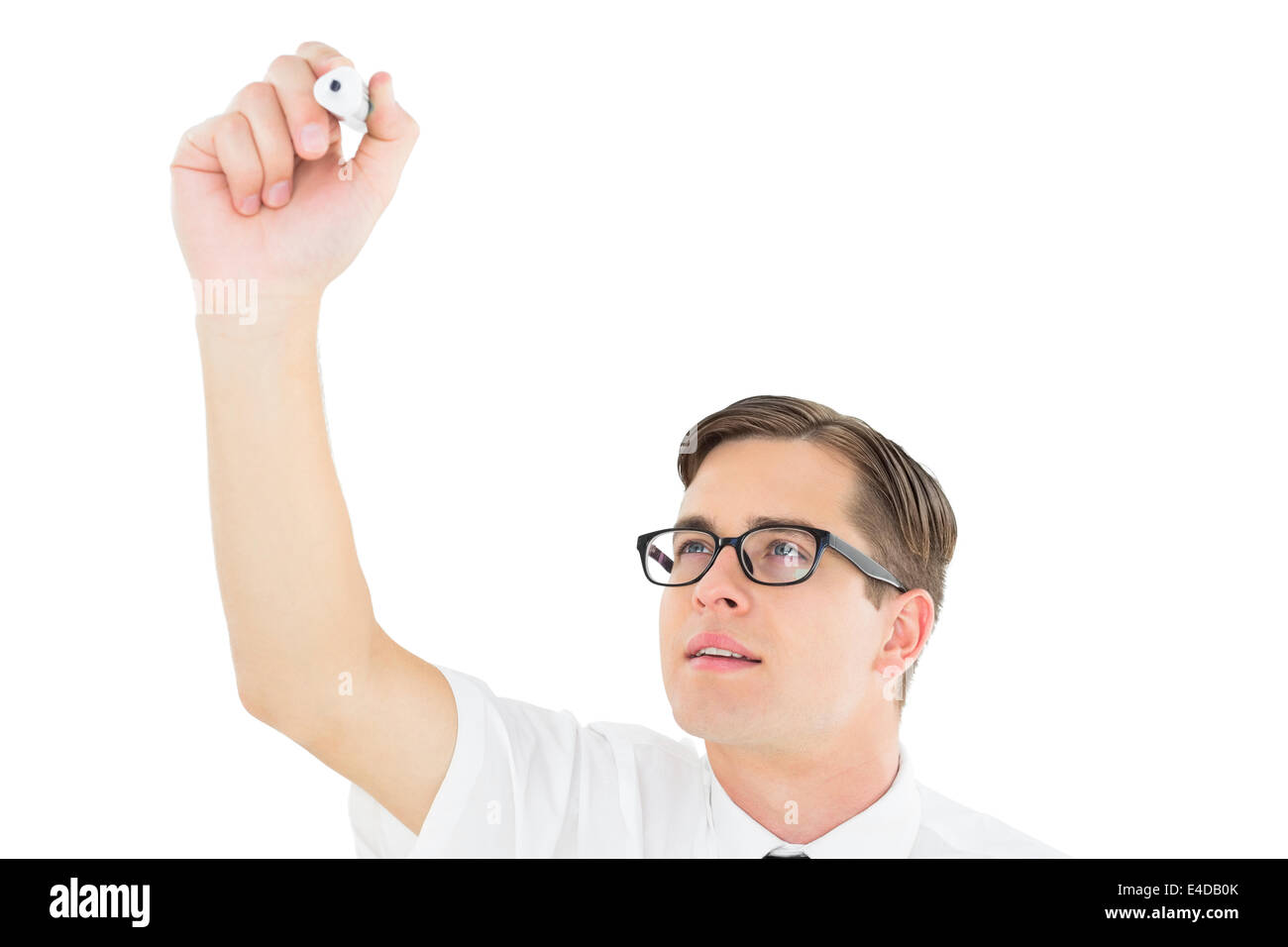 Geeky businessman writing with marker Stock Photo - Alamy