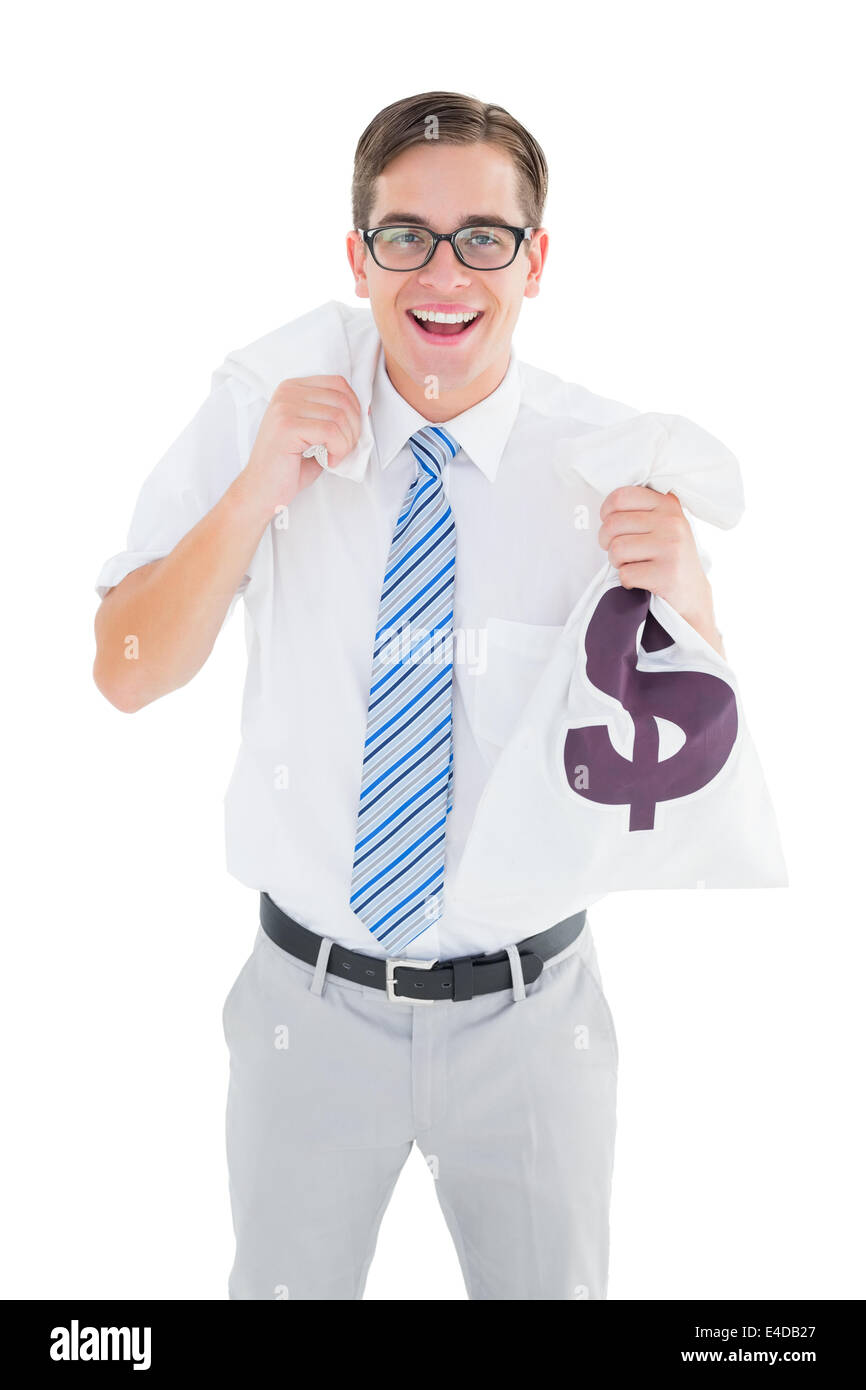 Geeky happy businessman holding bags of money Stock Photo
