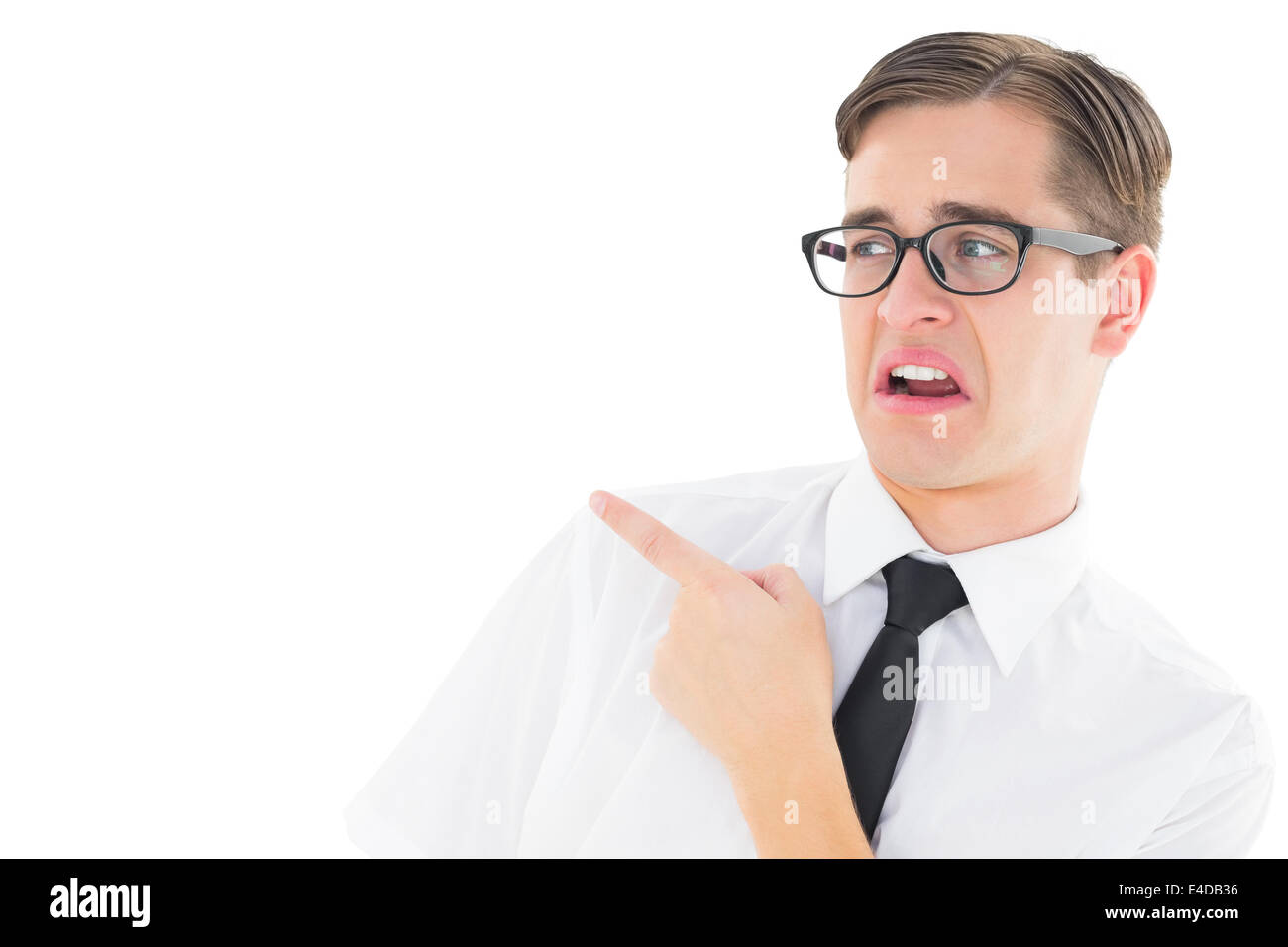 Geeky young hipster pointing with disgust Stock Photo