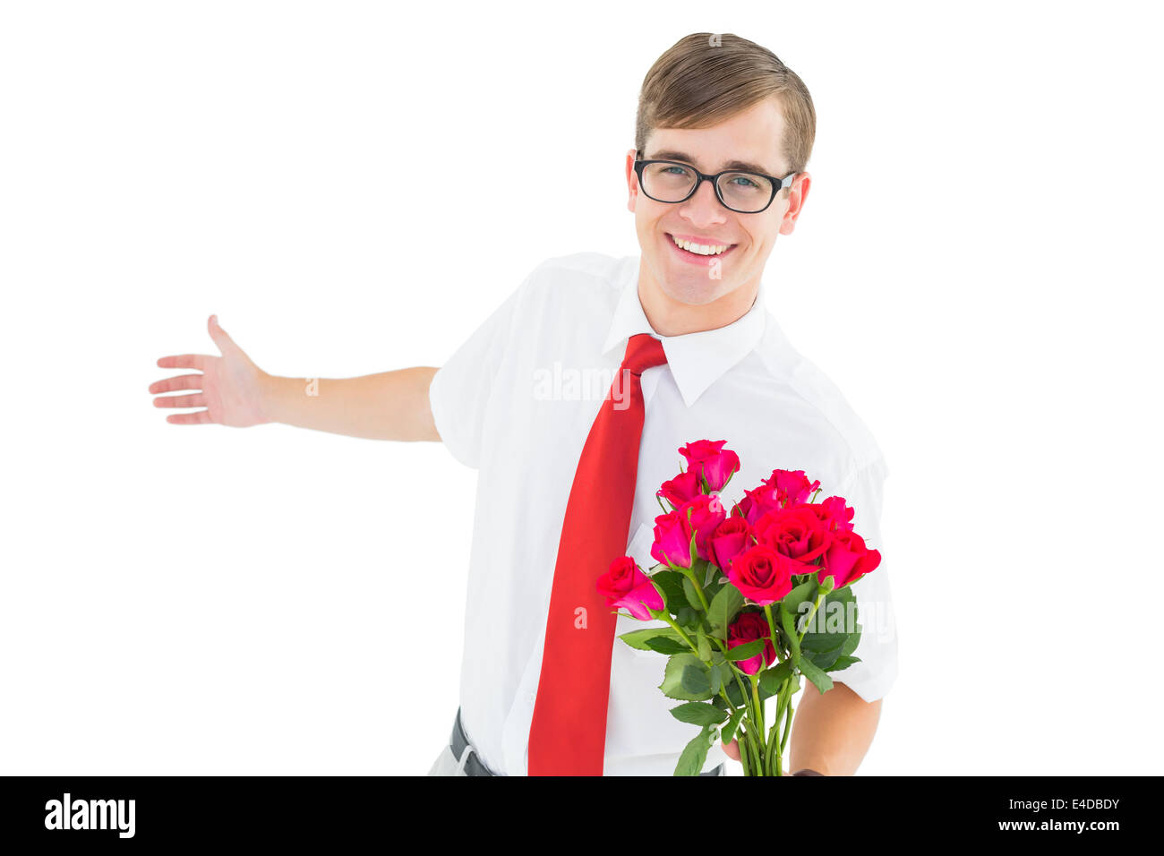 Geeky hipster offering bunch of roses Stock Photo - Alamy