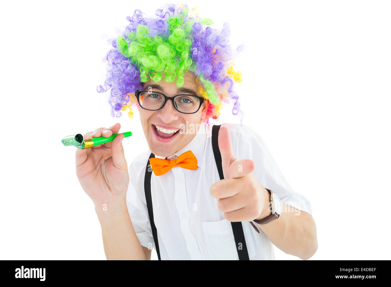Geeky hipster in afro rainbow wig Stock Photo