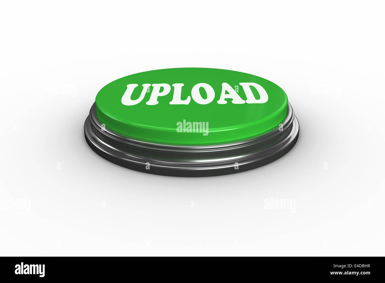 Upload on digitally generated green push button Stock Photo