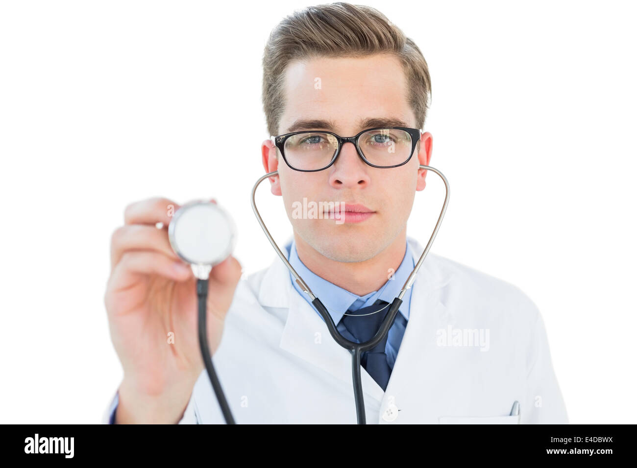 Handsome doctor listening with stethoscope Stock Photo Alamy