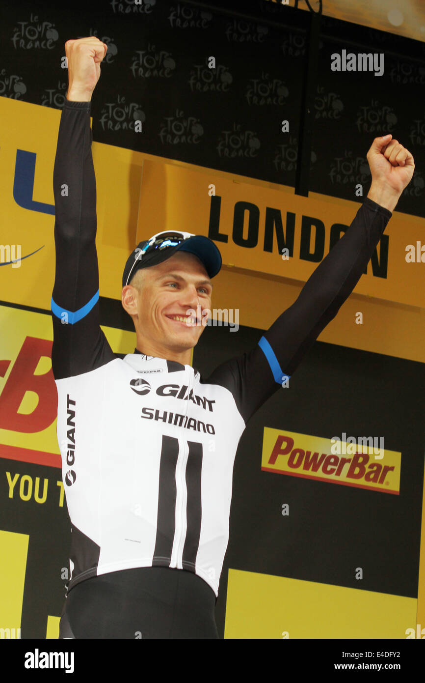 German Marcel Kittel of Team Giant-Shimano wins Stage three Cambridge to London in the 2014 Tour De France Stock Photo