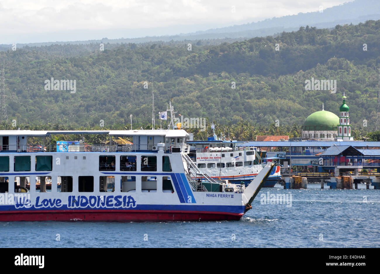 'We Love Indonesia' - written on the side of a ferry in Banyuwangi Port Stock Photo