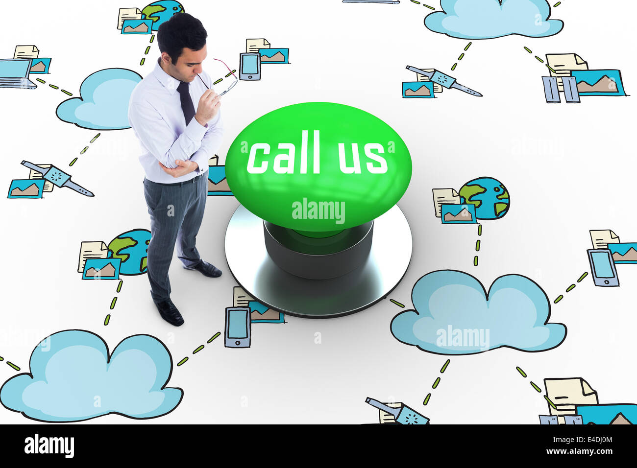Call us against digitally generated green push button Stock Photo