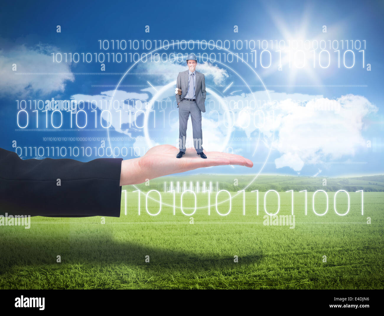 Composite image of smiling attractive architect on phone holding plans Stock Photo