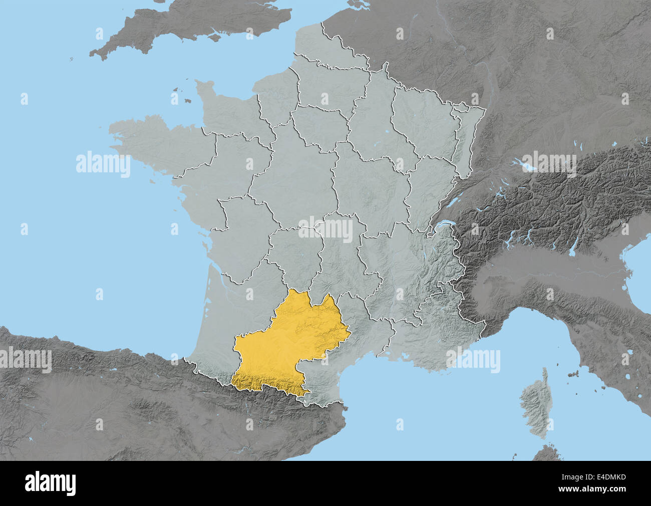 Region of Midi-Pyrenees, France, Relief Map Stock Photo