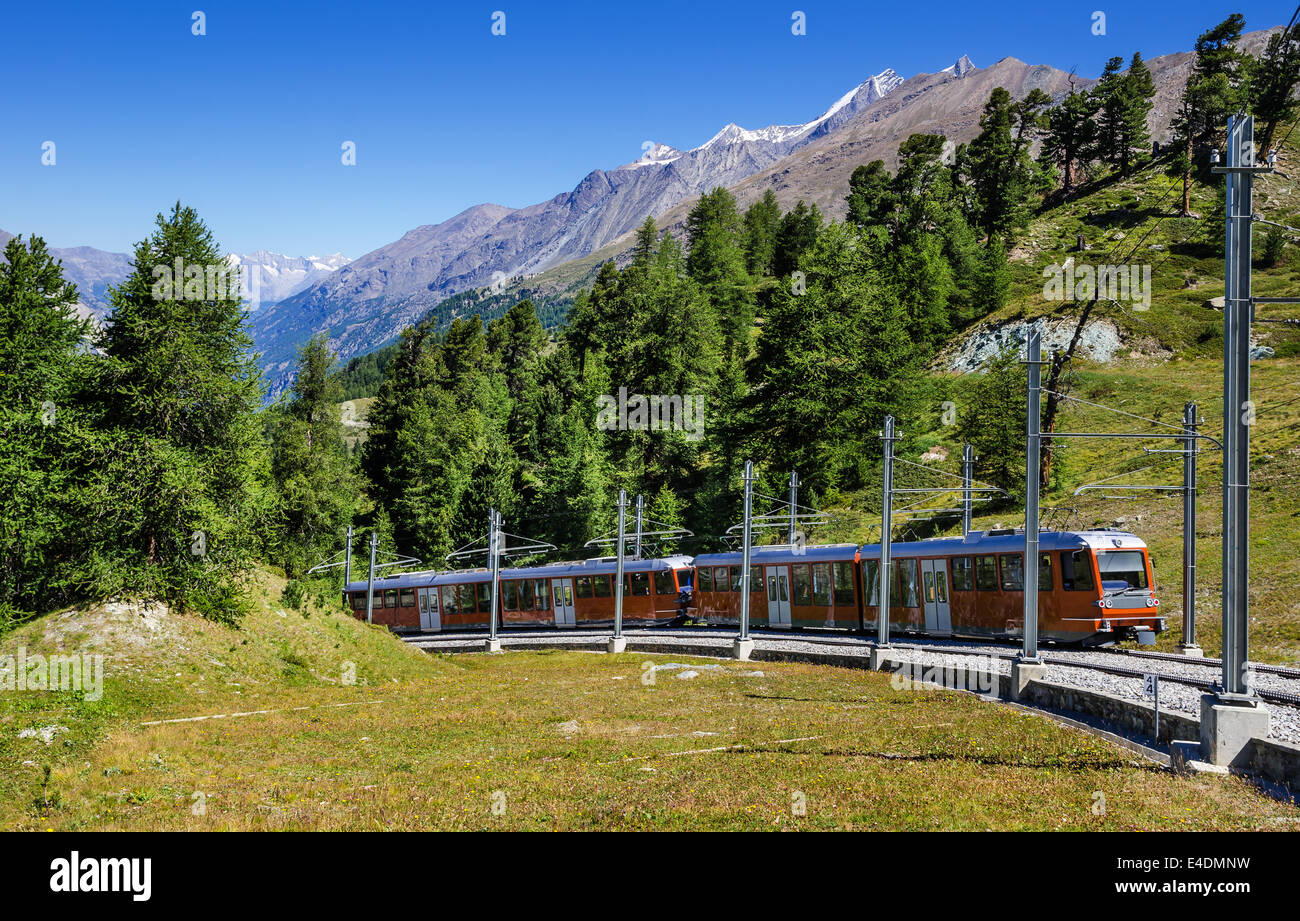 Train from Zermatt to Gornergrat in Switzerland Alps, european landmark Stock Photo