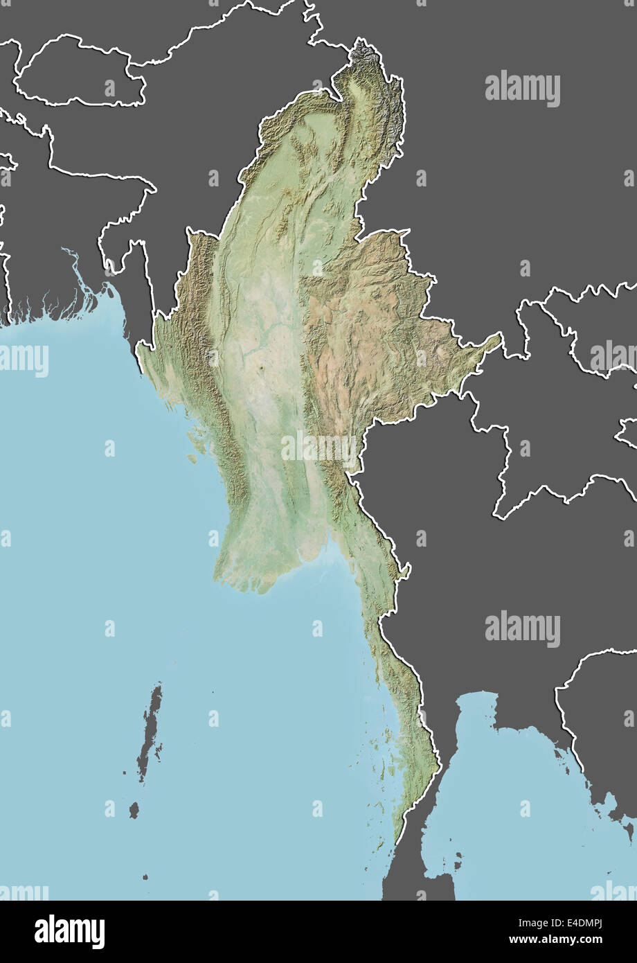Myanmar, Relief Map With Border and Mask Stock Photo
