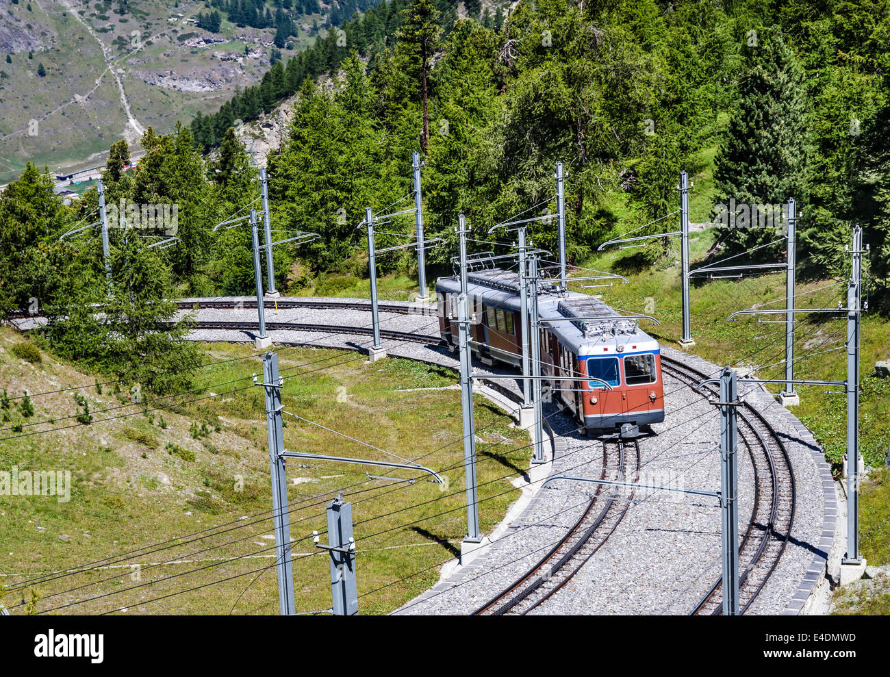Train from Zermatt to Gornergrat in Switzerland Alps, european landmark Stock Photo