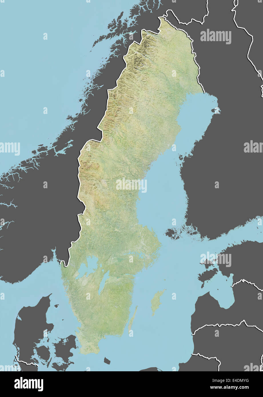 Sweden, Relief Map with Border and Mask Stock Photo
