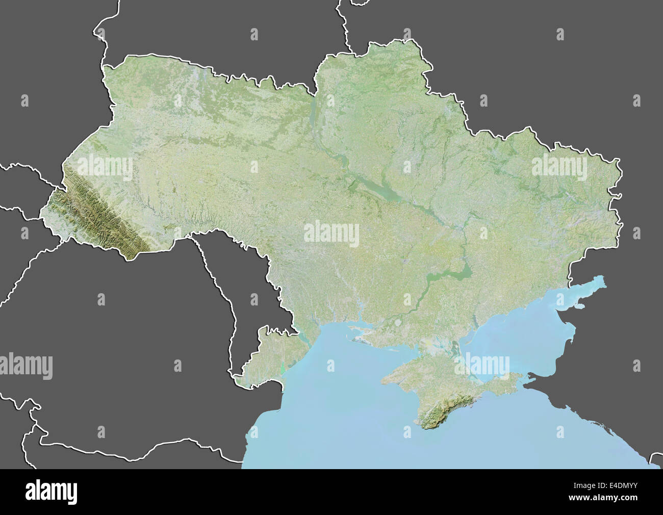 Ukraine, Relief Map with Border and Mask Stock Photo