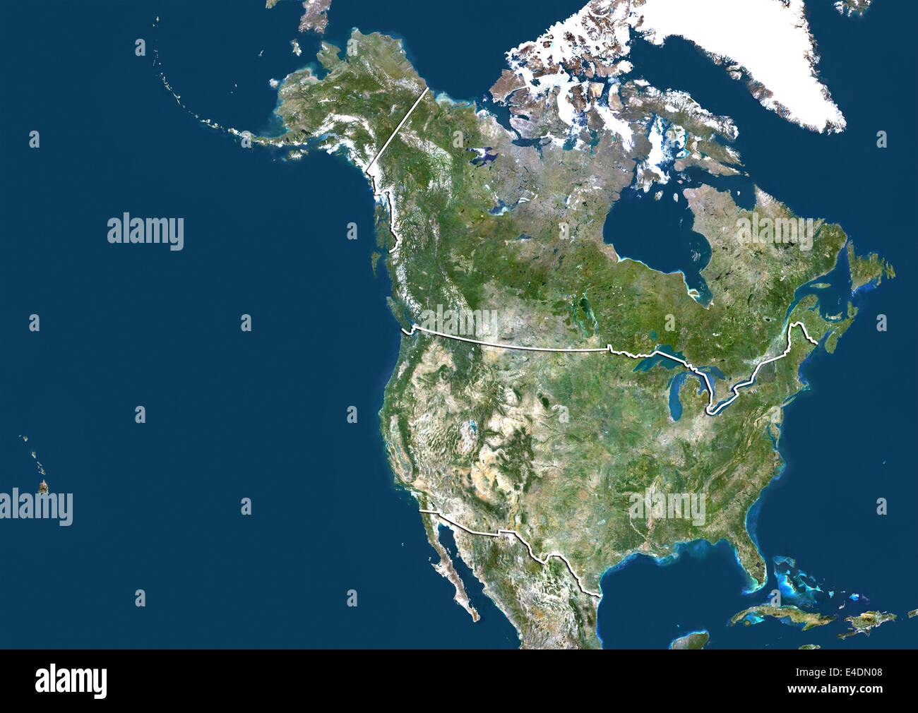 United States and Canada, True Colour Satellite Image With Border Stock Photo