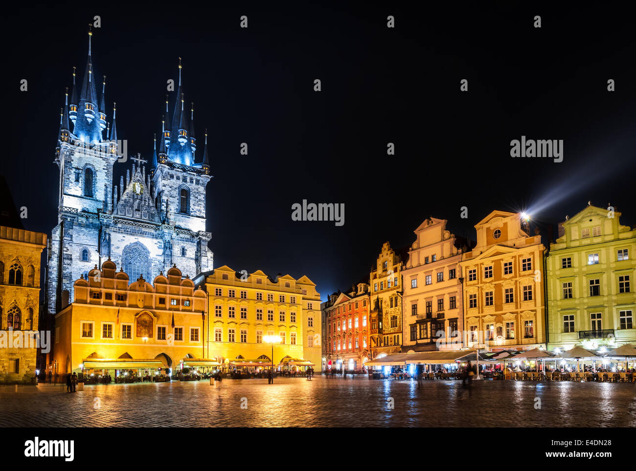 Image taken at night with one of the Prague symbols, Church of Our Lady of Tyn in Stare Mesto square. Stock Photo