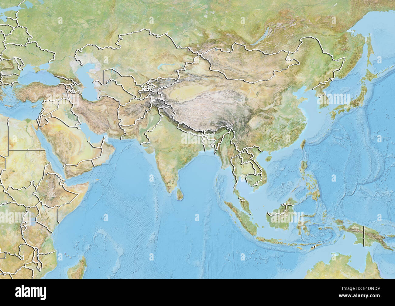 Asia, Relief Map With Country Borders Stock Photo