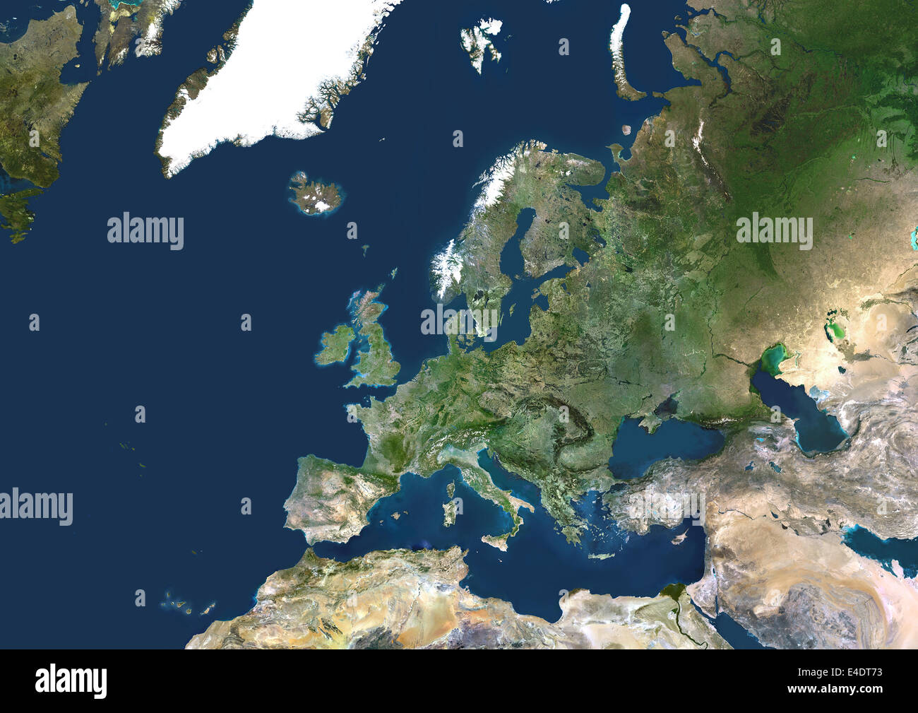 Continental Europe, True Colour Satellite Image. Europe. True colour satellite image centred on Europe. North converges towards Stock Photo