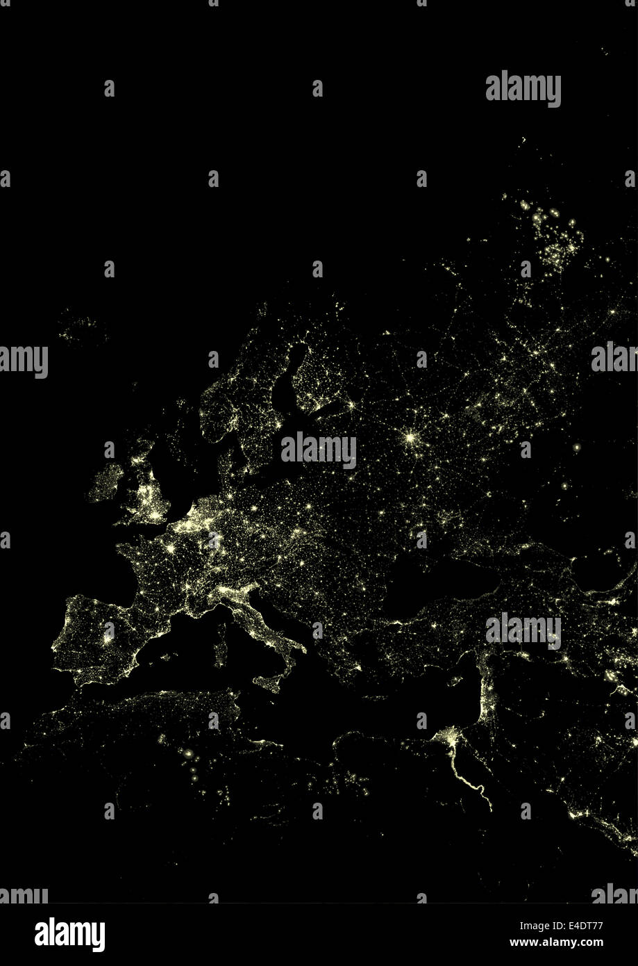 Western Europe At Night, Satellite Image. Lights of Western Europe at night from space. Coloured image derived from satellite da Stock Photo