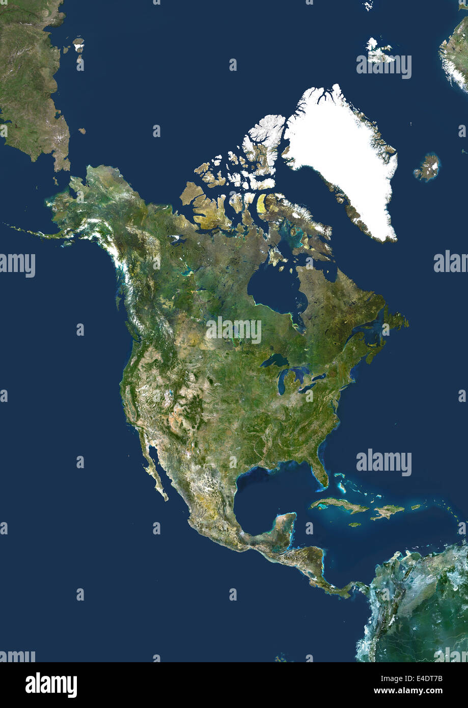 North America, True Colour Satellite Image. North America. True colour satellite image centred on North America. The North Pole Stock Photo