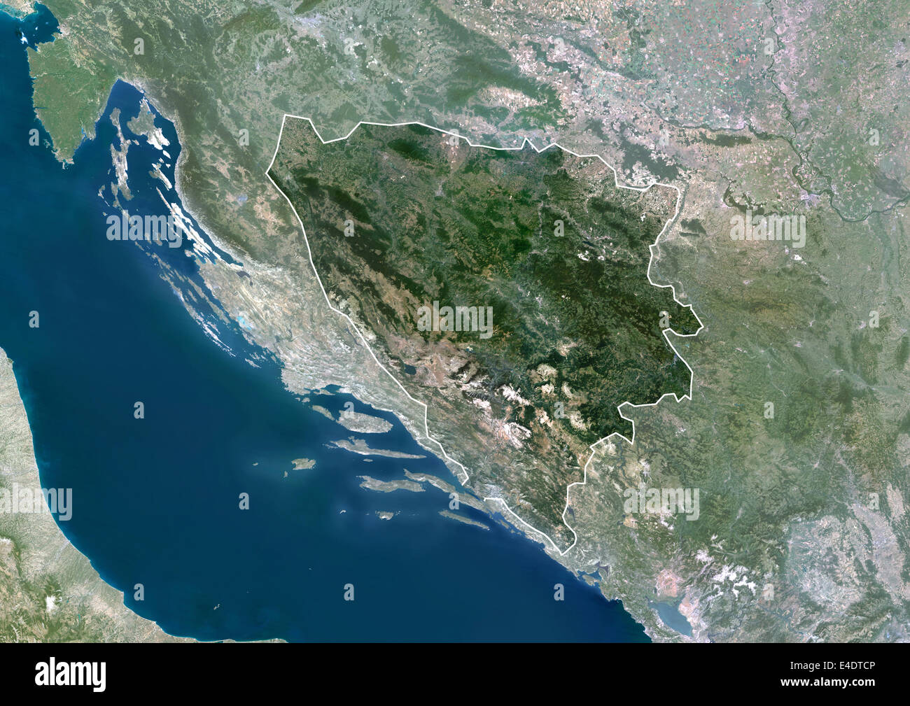 Bosnia And Herzegovina, Europe, True Colour Satellite Image With Border And Mask. Satellite view of Bosnia and Herzegovina (with Stock Photo