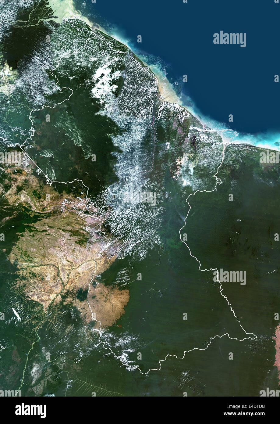 Guyana, South America, True Colour Satellite Image With Border. Satellite view of Guyana (with border). This image was compiled Stock Photo