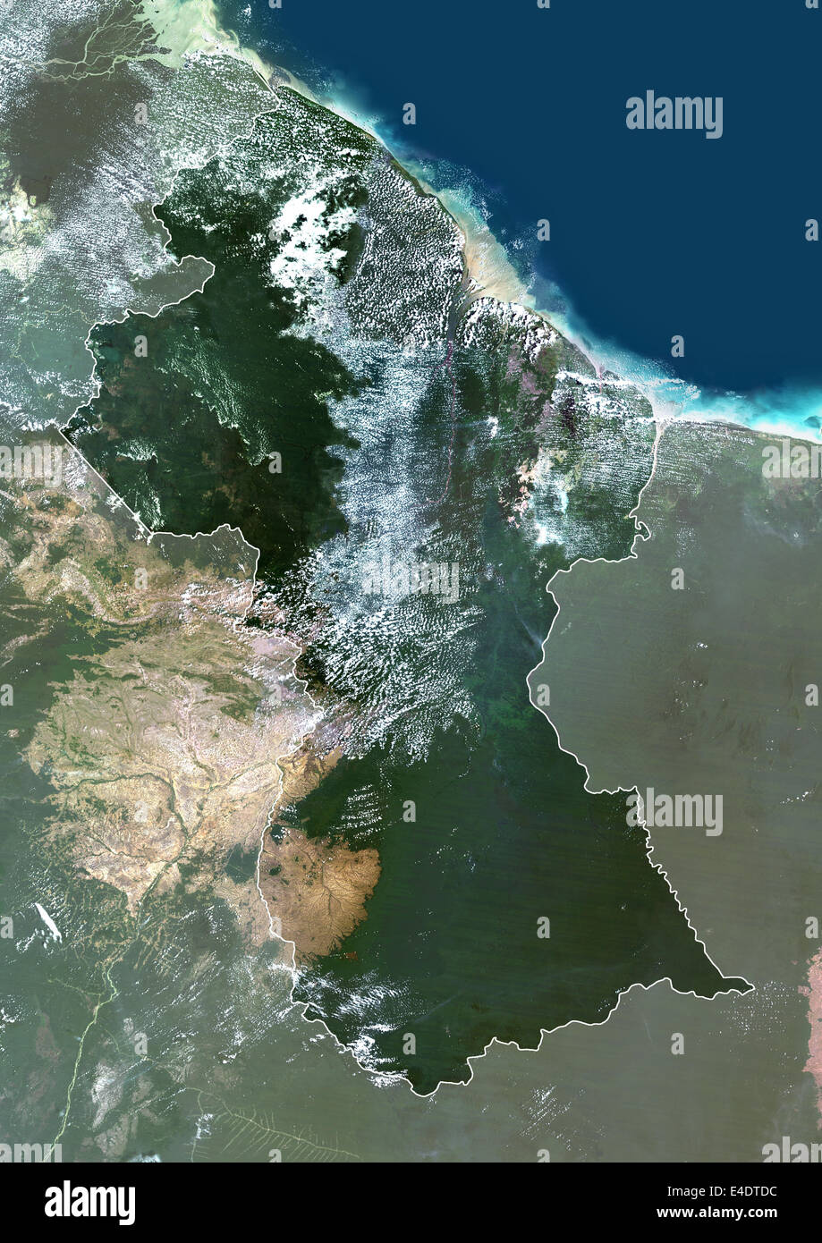 Guyana, South America, True Colour Satellite Image With Border And Mask. Satellite view of Guyana (with border and mask). This i Stock Photo