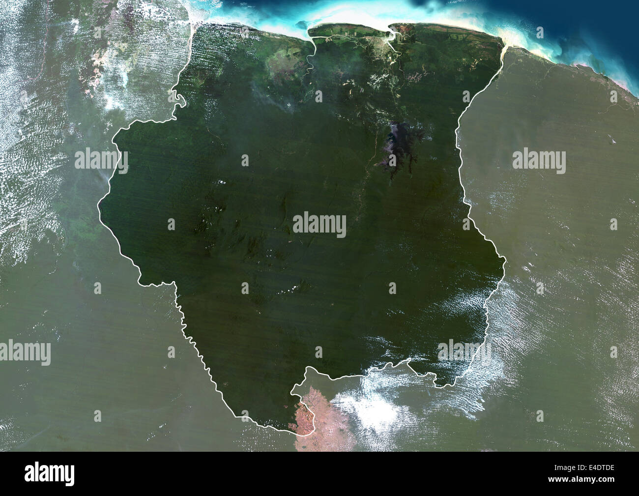 Suriname, South America, True Colour Satellite Image With Border And Mask. Satellite view of Suriname (with border and mask). Th Stock Photo